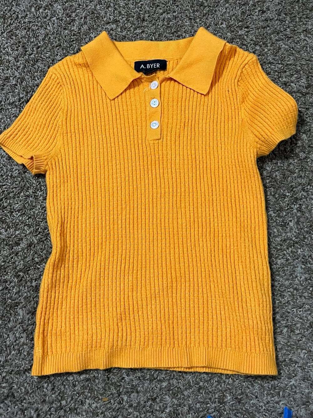 A. BYER Short-Sleeve Ribbed Polo Sweater in Butter Yellow, Size S